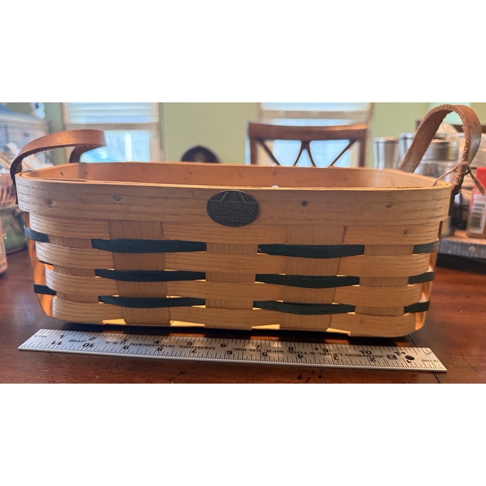 VTG Peterboro Basket Co. Hardwood Basket Green Weavers Leather Handles Made USA